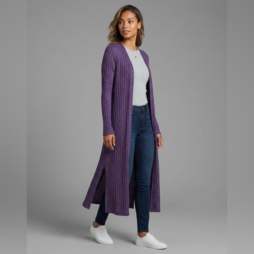 💜✨ Love J Purple Ribbed Open Front Longline Duster Cardigan | Size M